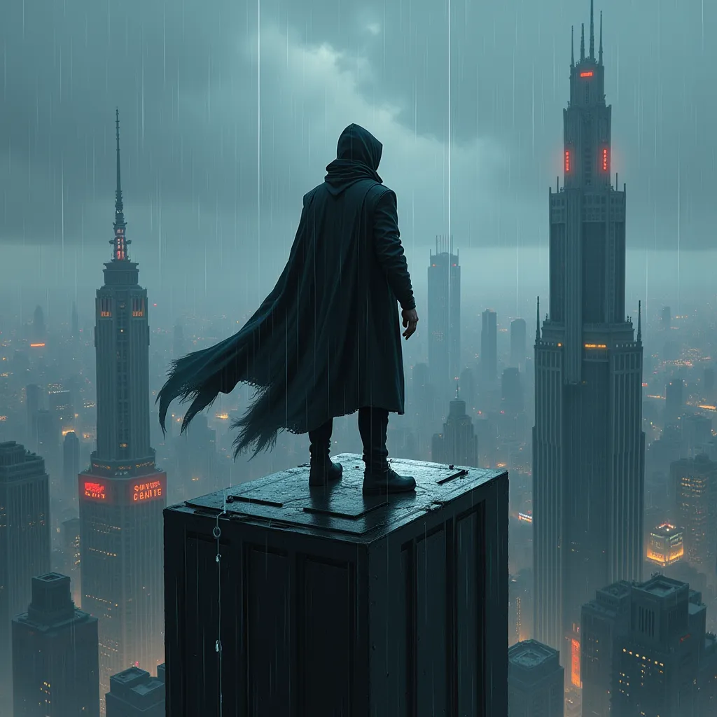 design a cover of a man on top of a futuristic building in the rain with a hood watching the city