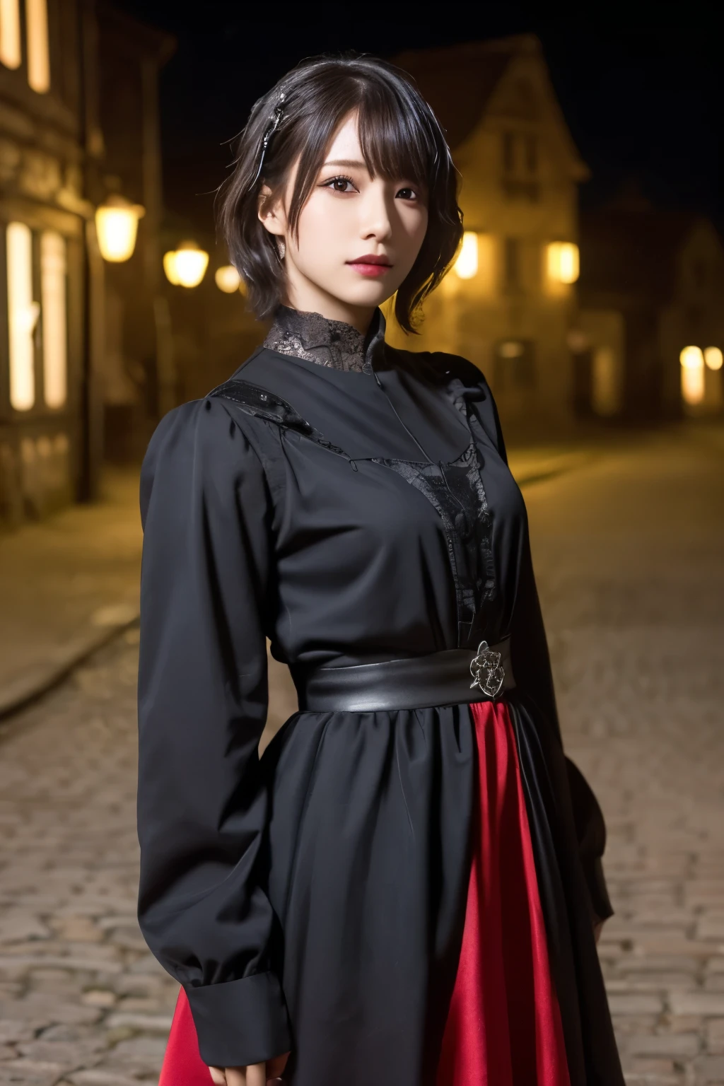 1 girl, (She is wearing a red dress:1.2), (Gothic Makeup), Portrait of a very cute Japanese symphonic metal singer, (RAW Photo Best Quality), (Realistic, Realistic:1.4), (masterpiece), 
Very delicate and beautiful, Very detailed, 2k wallpaper, wonderful, finely, Very detailed CG Unity 8K wallpaper, Very detailed, High resolution, Soft light, 
Beautiful detailed girl, Very detailed目と顔, A beautiful and elegant nose, Beautiful beautiful eyes, Cinema Lighting, 
(She stands in an empty medieval town:1.3), (Night Sky, milky way), (Girl full body silhouette:1.2), (Dark screen:1.5), (I am so lonely),
(short hair), (Messy Hair), 
Perfect Anatomy, Slender body, Small breasts