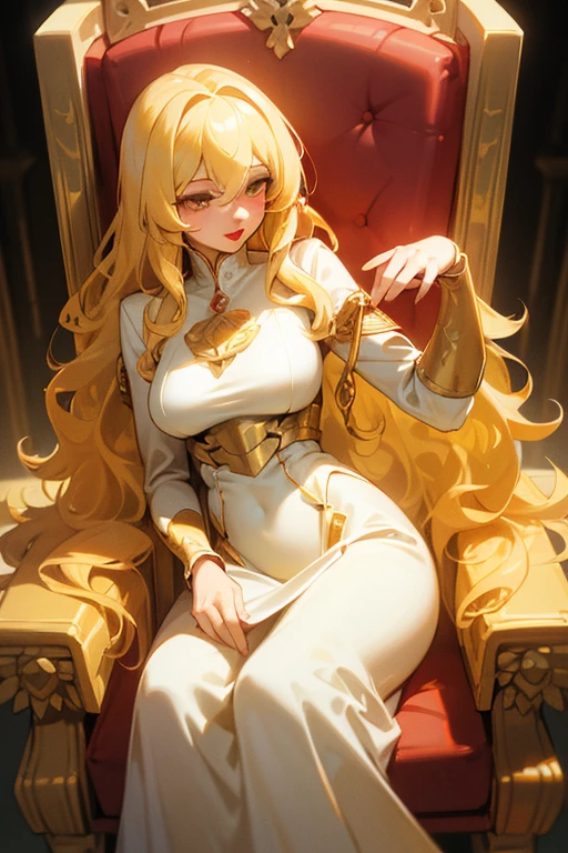  ((wavy yellow hair)), (full red lips) Goddess of Creation, long white dress , details in gold, medium breasts, Long hair, blonde hair, Bangs between the eyes, toys,  divinity of creation,  ((seated on a royal throne)) with a queen&#39;s crown.