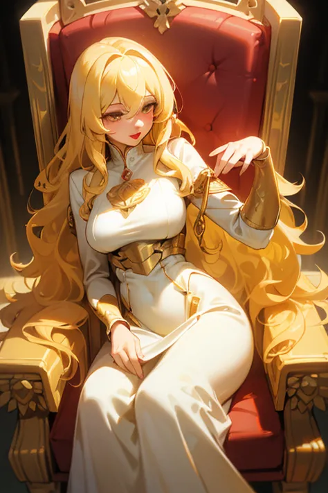 ((wavy yellow hair)), (full red lips) goddess of creation, long white dress , details in gold, medium breasts, long hair, blonde...