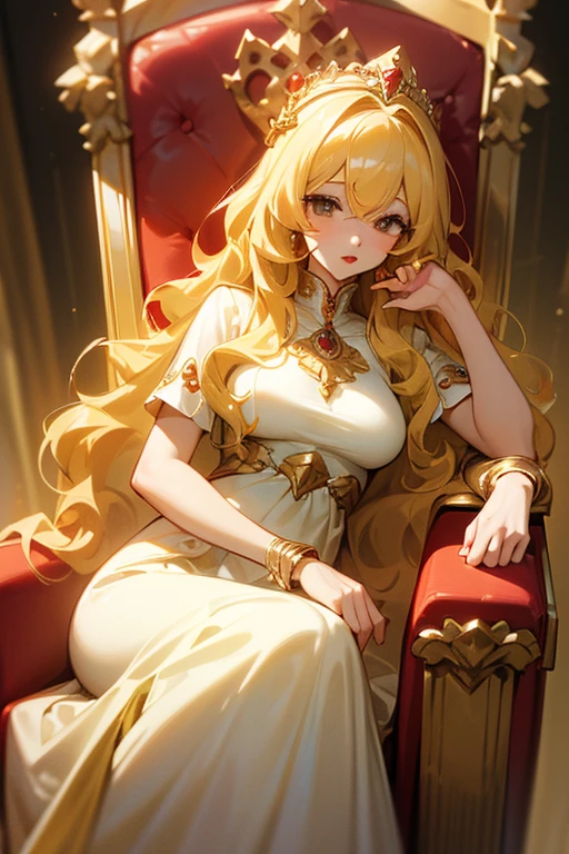  ((wavy yellow hair)), (full red lips) Goddess of Creation, long white dress , details in gold, medium breasts, Long hair, blonde hair, Bangs between the eyes, toys,  divinity of creation,  ((seated on a royal throne)) with a queen&#39;s crown.