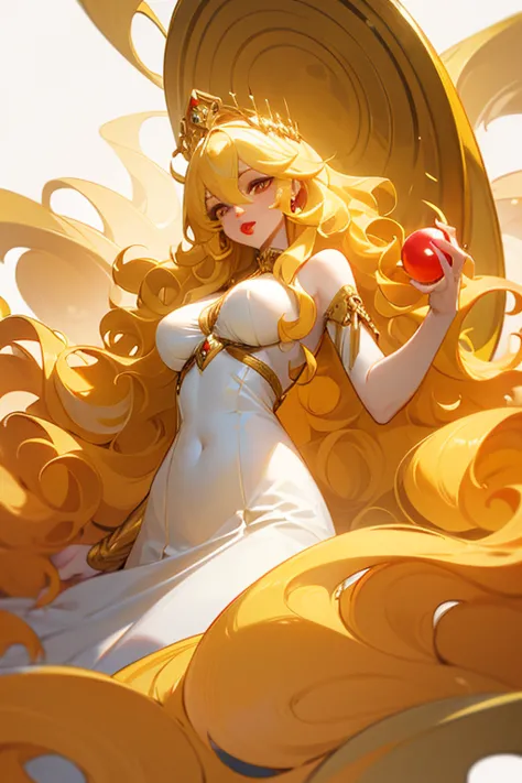 ((wavy yellow hair)), (full red lips) goddess of creation, long white dress , details in gold, medium breasts, long hair, blonde...