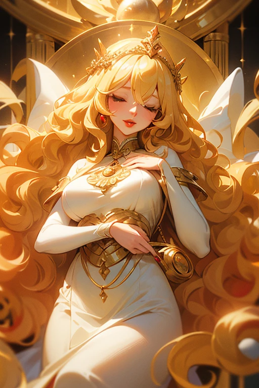  Make a goddess, eye covering strip, ((wavy yellow hair)), (full red lips) Goddess of Creation, long white dress , details in gold, medium breasts, Long hair, blonde hair, Bangs between the eyes, toys,  divinity of creation, (black band covering the eyes.) with a queen&#39;s crown 