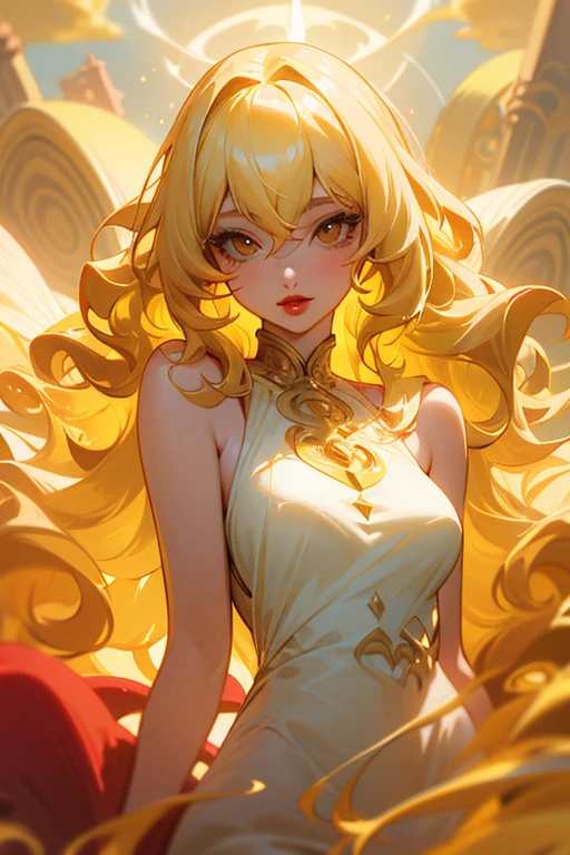 ((wavy yellow hair)), (full red lips) Goddess of Creation, long white dress , details in gold, medium breasts, Long hair, blonde hair, Bangs between the eyes, toys,  divinity of creation,  queen&#39;s crown 