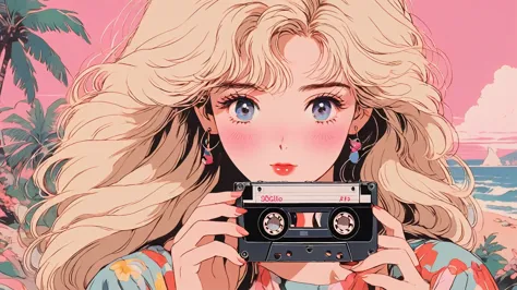 90s anime style, 90s style, of course, 80s style, (blush:1.7), the highest quality, 8k, 1 woman, alone, chica lofi, arte lofi, l...