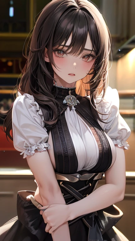 Tabletop、Close-up shot of face、(8k、RAW Photos、Best Quality、masterpiece: 1.2)、Gothic Makeup:1.4、Beautiful big brown eyes、Glowing White Skin、bangs、Very cute and beautiful young woman、((Big Breasts:1.4))、Fantasy、 dream、Detailed face、The chest was wide open、Sexy Bondage、Blurred black background:1.5、Photo Studio、Cinema Lighting、Professional photographer