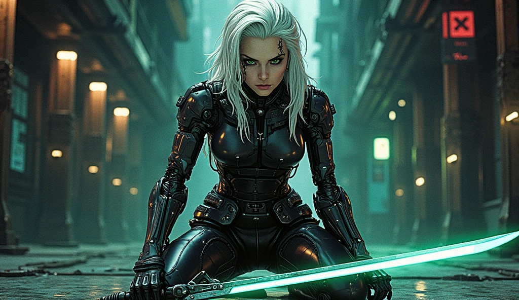 full body shot, panoramic view, ciri from witcher3 as terminator, white hair, green eyes, vertical scar throu left eye, dark makeup around eyes, futuristic cyberpunk sci-fi, half human half mechanical terminator, detailed facial features, holding a high-tech glowy sword, kneeling after fast attack and sword cutting, dark moody lighting, glossy metallic surfaces, intricate mechanical details, cinematic dramatic composition, photorealistic rendering, ultra-detailed 8k, retro anime