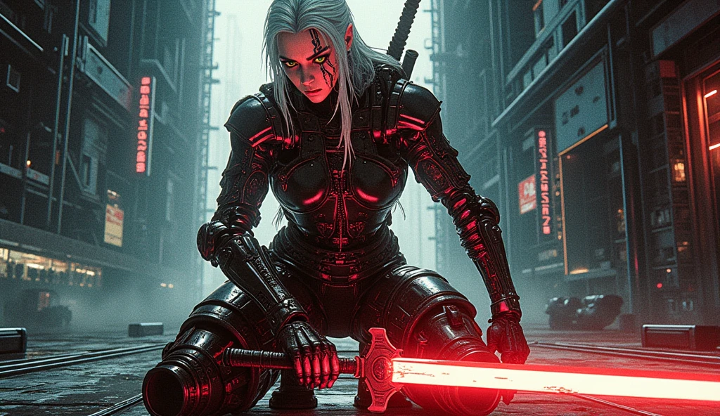 full body shot, panoramic view, ciri from witcher3 as terminator, white hair, green eyes, vertical scar throu left eye, dark makeup around eyes, futuristic cyberpunk sci-fi, half human half mechanical terminator, detailed facial features, holding a high-tech glowy sword, kneeling after fast attack and sword cutting, dark moody lighting, glossy metallic surfaces, intricate mechanical details, cinematic dramatic composition, photorealistic rendering, ultra-detailed 8k, retro anime