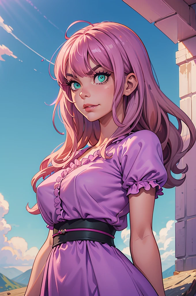 (mejor calidad, Obra maestra), mirando abajo, viento, Partícula, parte superior del cuerpo, 1 girl, ((angel wings)), ((pink skin)), red lips, medium hair, (((loose hair))), (((very lilac hair))), ((lilac hair)), ((green eyes)), big breast, (((very lilac clothes))), (lilac gloves), ((lilac bouffant dress)), long dress, frowning, ((insane face angry)), fringe hair, (smiling), hair bangs