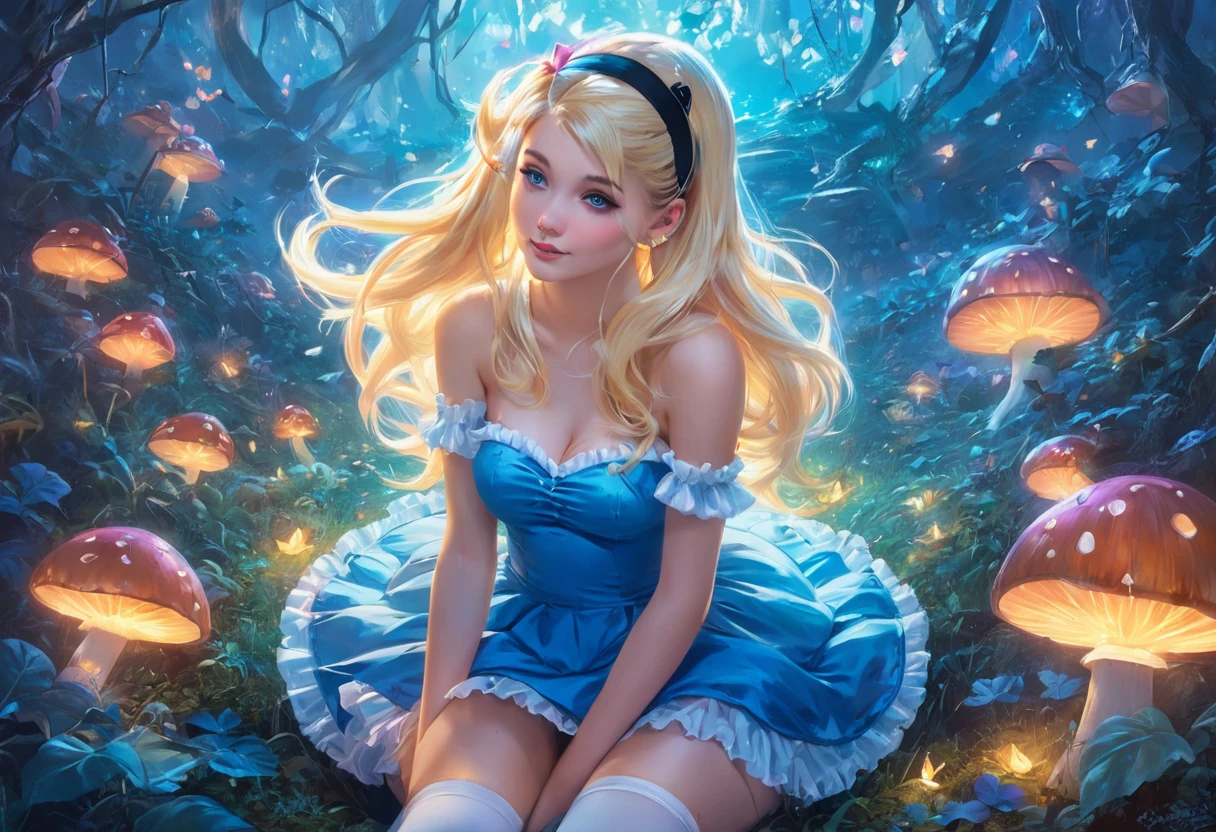 a beautiful 20 year old blonde woman with big messy hair in a blue dress, white stockings, black headband, cleavage, holding a glowing mushroom, sitting on a giant mushroom, fantasy art style, rossdraws cartoon vibrant, alice x. zhang, alice in wonderland cyberpunk, cute detailed digital art, colorfull digital fantasy art, digital fantasy art ), glossy digital painting, rossdraws pastel vibrant, rossdraws 2. 5, rossdraws 1. 0