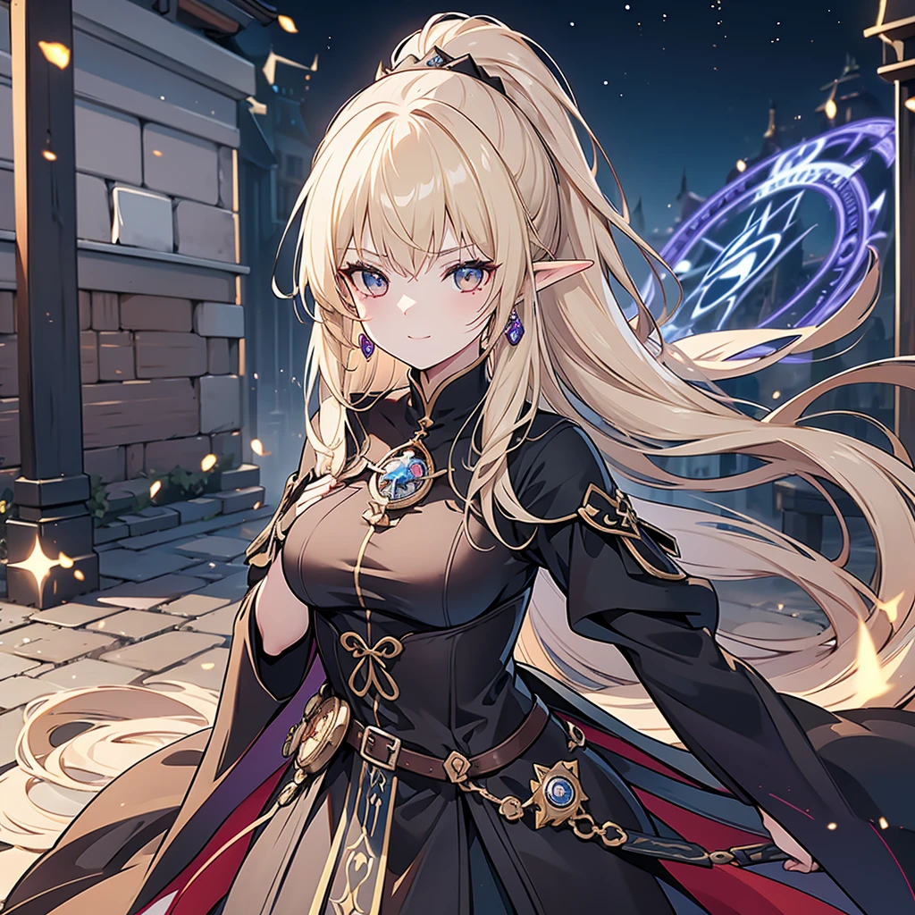 Eye patch、Witch costume、elf、grimoire、magic circle、Long Hair, chest, Blonde, ponytail, Pointy Ears, best quality, Snap your fingers、One Woman, Detailed face, Soft Lighting, Soft Light, Soft Focus, Perfect Face, Beautiful and accurate anatomy, Expose too much, 8k, 4K, (High resolution:1.1), Best Quality, (masterpiece:1.3), One girl, alone, jewelry, brown eyesSee viewers, Earrings on only one ear、Beautiful woman、Medieval streetscape、Shining magic circle、Black clothes、A fearless smile、Intimidating look、Deep slit、bear a sword、Simple Sword、