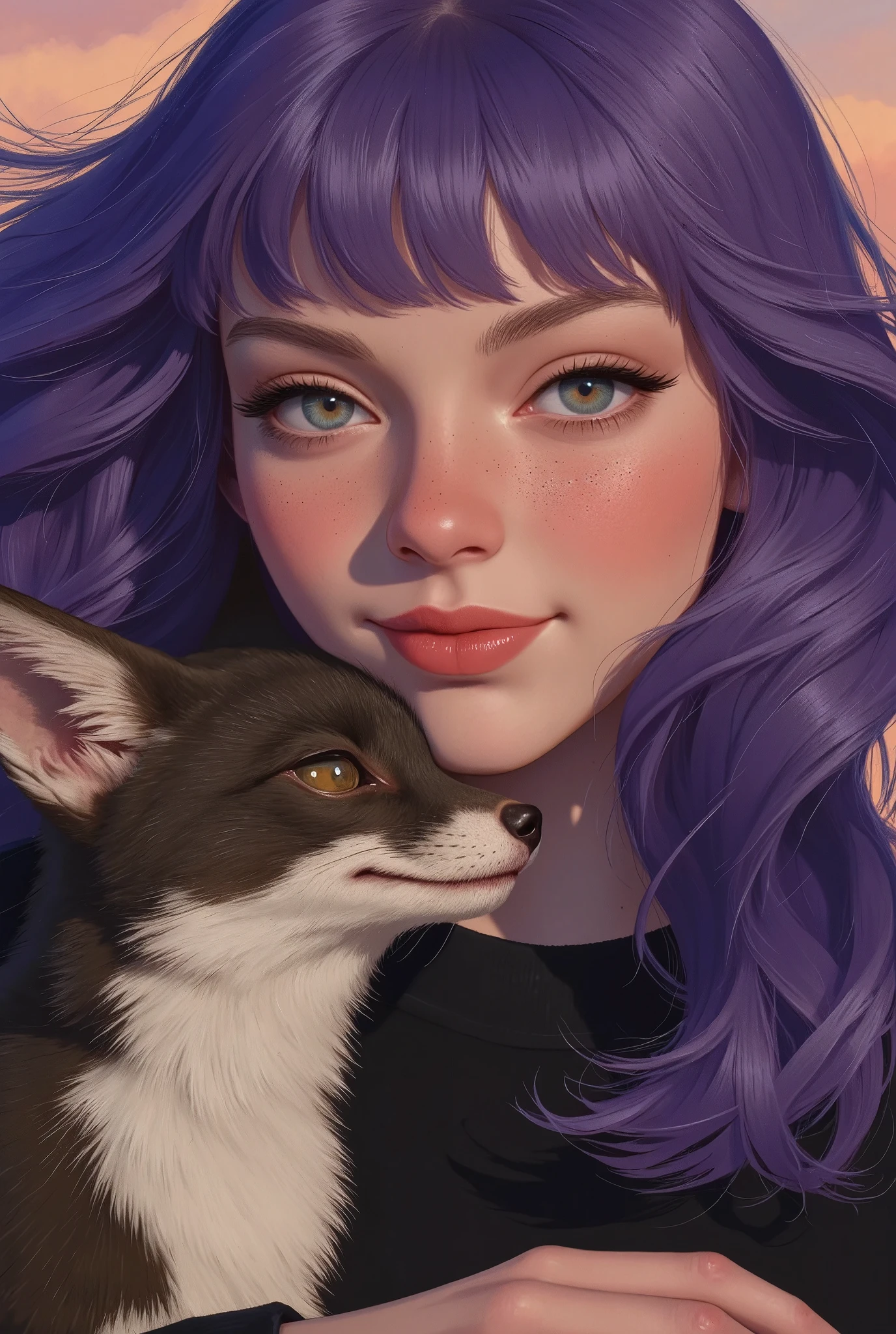 mj_anime_portrait of a woman with flowing purple hair, her playful smirk highlighted as a mischievous fox nuzzles her cheek, set against a twilight landscape.