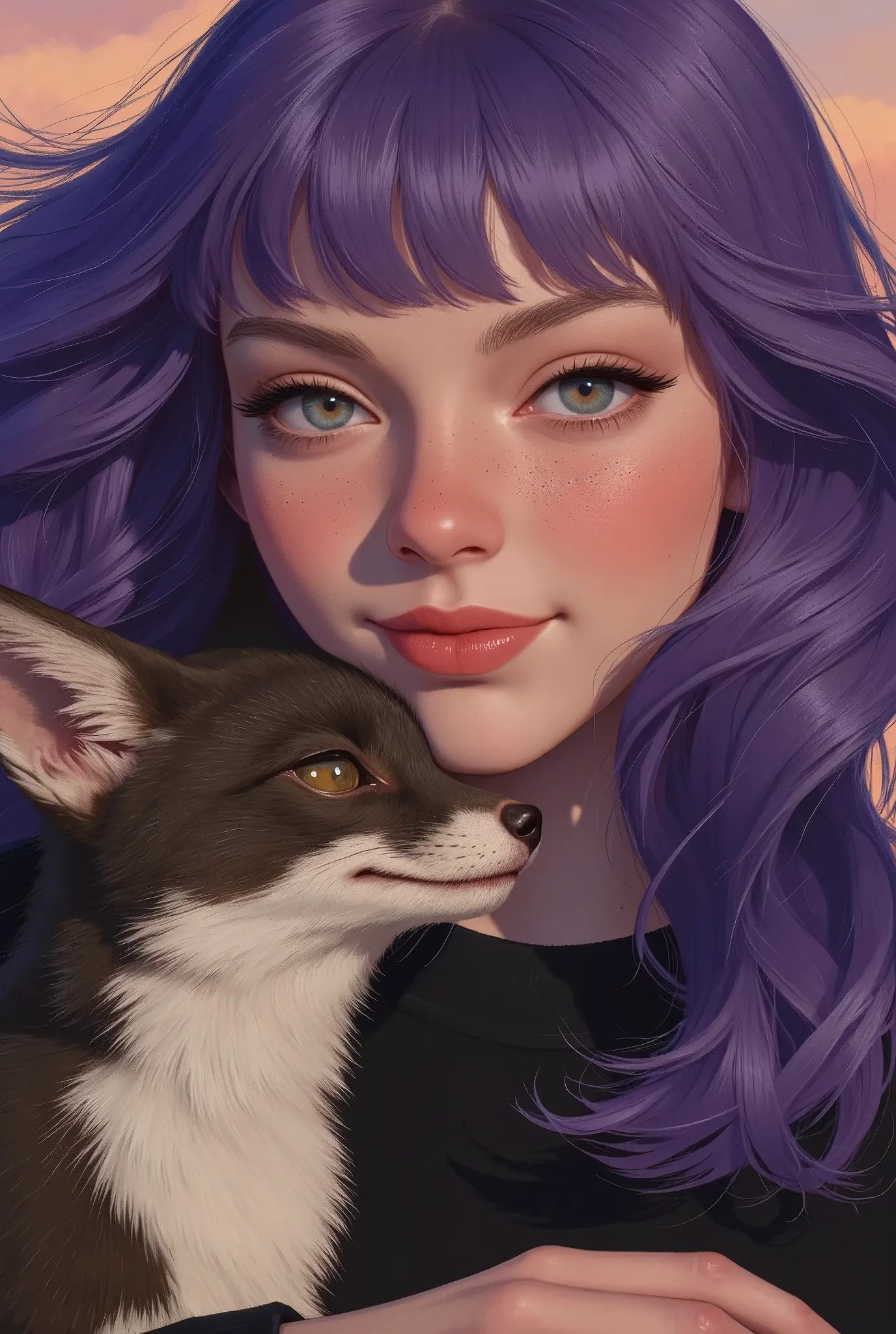 mj_anime_portrait of a woman with flowing purple hair, her playful smirk highlighted as a mischievous fox nuzzles her cheek, set...