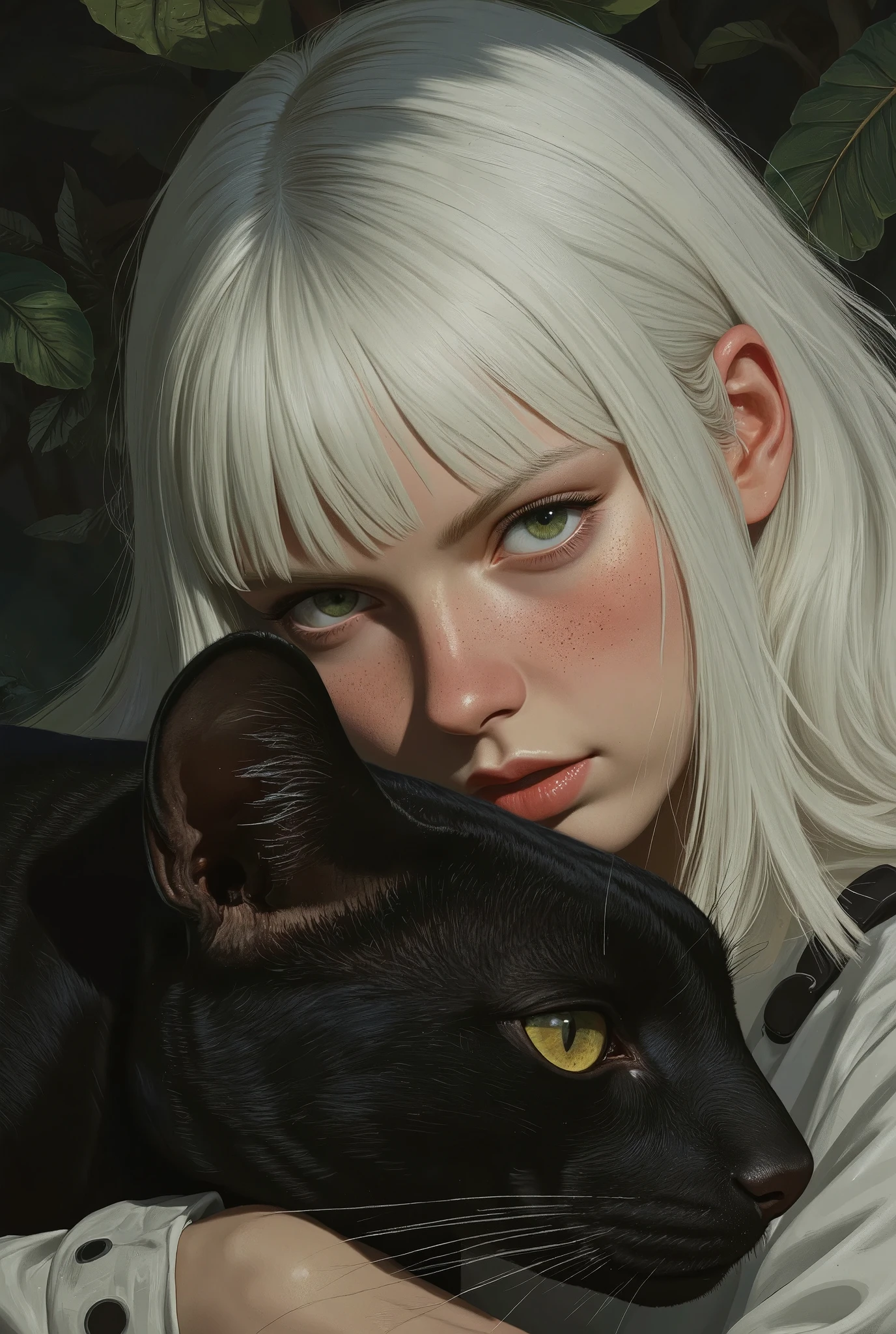 mj_anime_portrait of a woman with straight silver hair, her gaze intense as a black panther rests by her side, the dark jungle background enhancing the mystery.