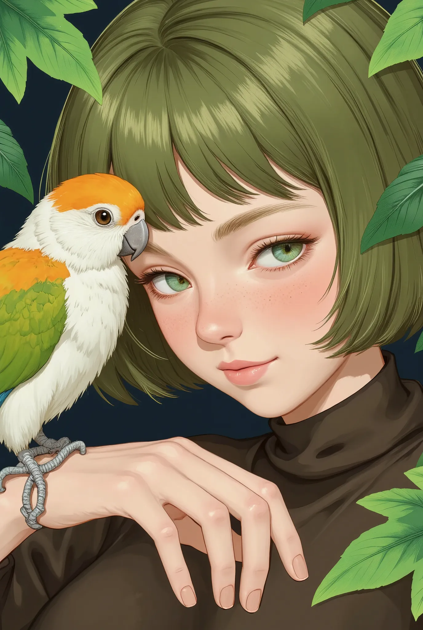 mj_anime_portrait of a woman with short green hair, a tender smile on her face as she holds a parrot on her hand, with tropical ...