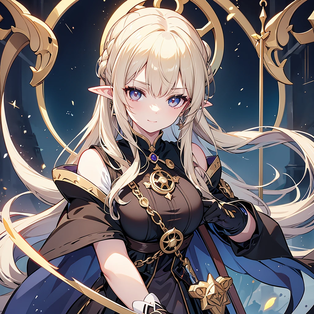 Eye patch、Witch costume、elf、grimoire、magic circle、Long Hair, chest, Blonde, ponytail, Pointy Ears, best quality, Snap your fingers、One Woman, Detailed face, Soft Lighting, Soft Light, Soft Focus, Perfect Face, Beautiful and accurate anatomy, Expose too much, 8k, 4K, (High resolution:1.1), Best Quality, (masterpiece:1.3), One girl, alone, jewelry, brown eyesSee viewers, Earrings on only one ear、Beautiful woman、Medieval streetscape、Shining magic circle、Black clothes、A fearless smile、Intimidating look、Deep slit、bear a sword、Simple Sword、