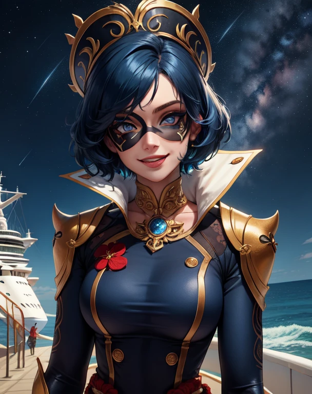 Voyd,blue hair , blue eyes  ,short hair, lips, smiling, 
 domino mask, akims,  Pele firm, 
, Standing, Upper body,
  stars, cruise ship, 
(insanely detailed, beautiful and detailed face,beautiful and detailed eyes, masterpiece, better quality) 
 