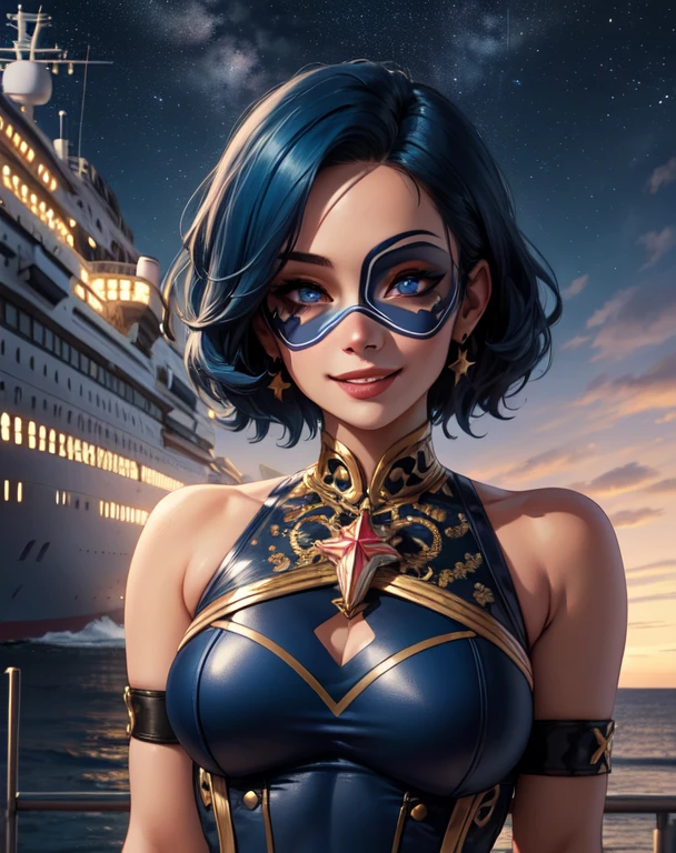 Voyd,blue hair , blue eyes  ,short hair, lips, smiling, 
 domino mask, akims,  Pele firm, 
, Standing, Upper body,
  stars, cruise ship, 
(insanely detailed, beautiful and detailed face,beautiful and detailed eyes, masterpiece, better quality) 
 