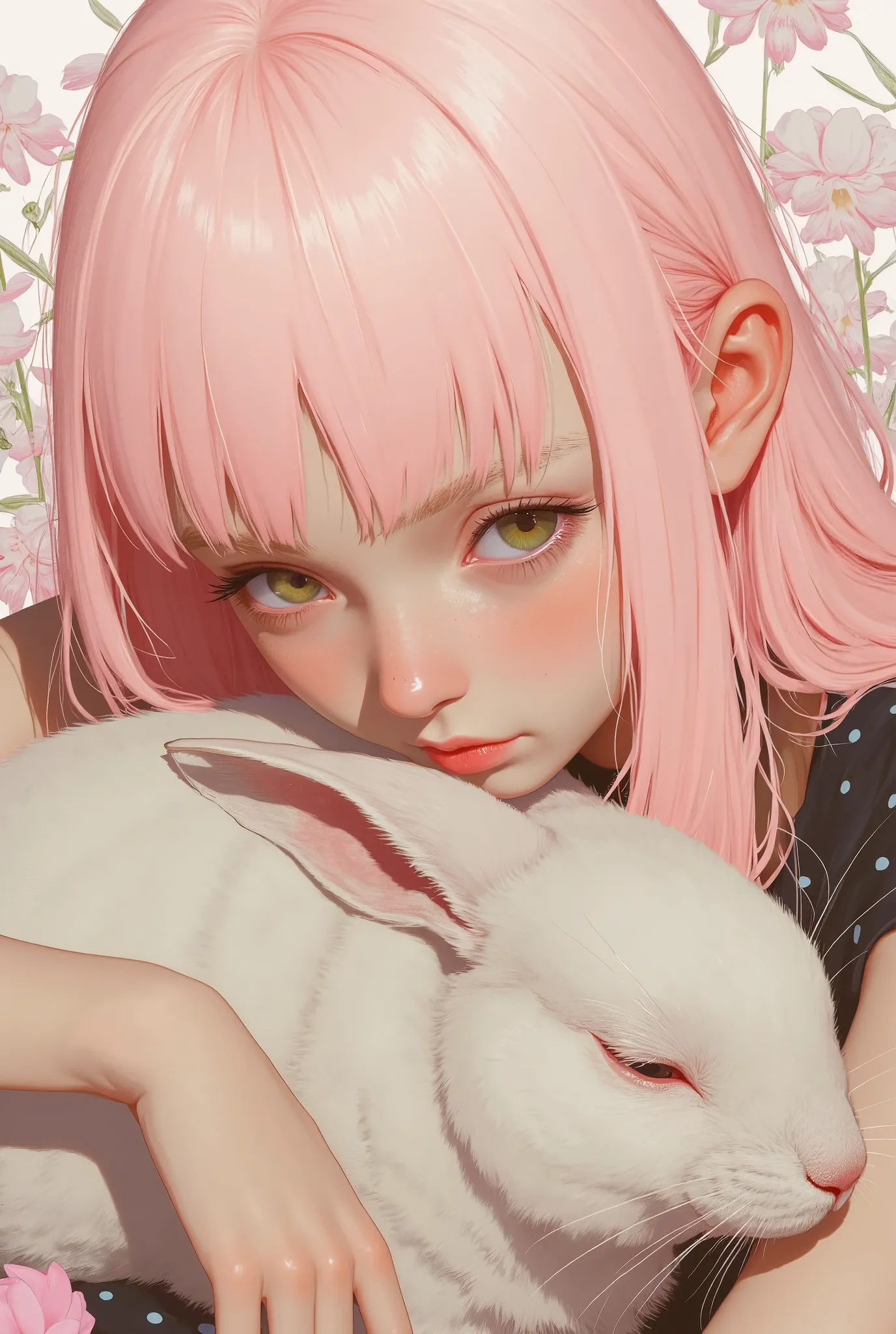 mj_anime_portrait of a woman with pastel pink hair, her expression peaceful and soft as she strokes a sleeping rabbit, the backg...