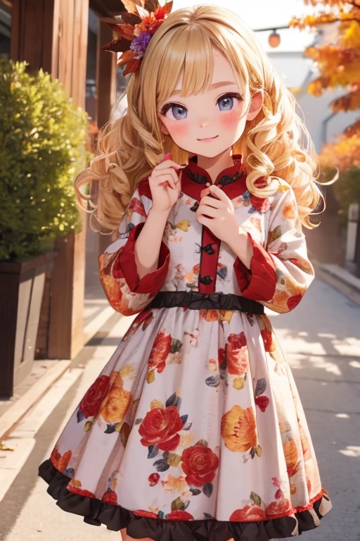 Best Quality, One ，Cute young tiny girl, blonde, Curly Hair, evil ，Floral Dress，The colors of the autumn festival stalls々i want to eat..，