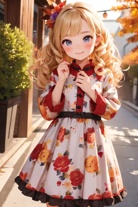 best quality, one ，cute young tiny girl, blonde, curly hair, evil ，floral dress，the colors of the autumn festival stalls々i want ...