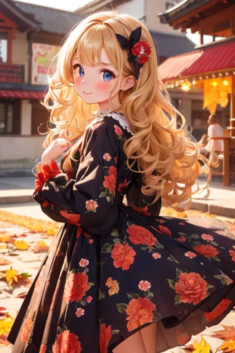 best quality, one ，cute young tiny girl, blonde, curly hair, evil ，floral dress，the colors of the autumn festival stalls々i want ...