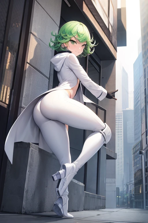 Masterpiece, best quality, ultra detailed, illustration, lighting epic, cinematic composition, 1 girl, Tatsumaki, short hair, green hair, very small breasts, green eyes, bright eyes, smiling, blushing, closed mouth, piercing gaze, full body, long beige trench coat, open trench coat, black fingerless gloves, white shirt, white nanotechnology suit, white pants, white knee pads, metallic white boots, nanotechnology in the air, city background, anime, looking back