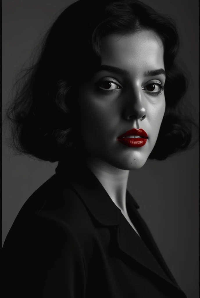 Photo noire et blanc, film noir style, Maginifique, 1fille, Seulement, demi-corps, Dramatic lighting, monochrome, high contrast, ombres dramatiques, 40s style, Mysterious, cinematic, Bright red lips (((Only lips red)))
