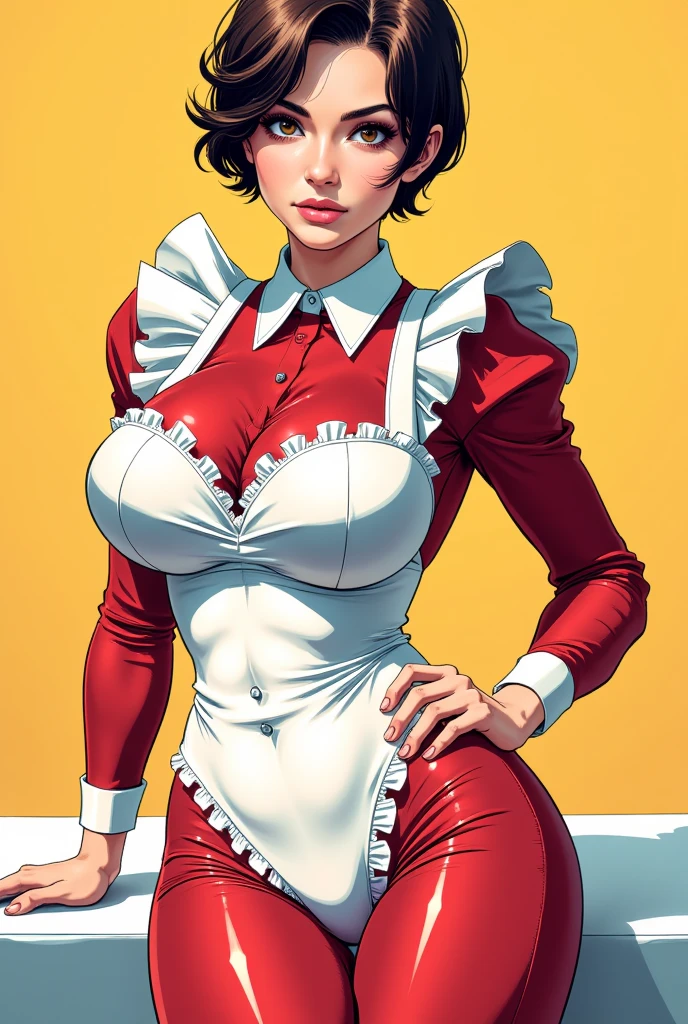 Comic style of a beautiful girl with short hair, very tight maid suit