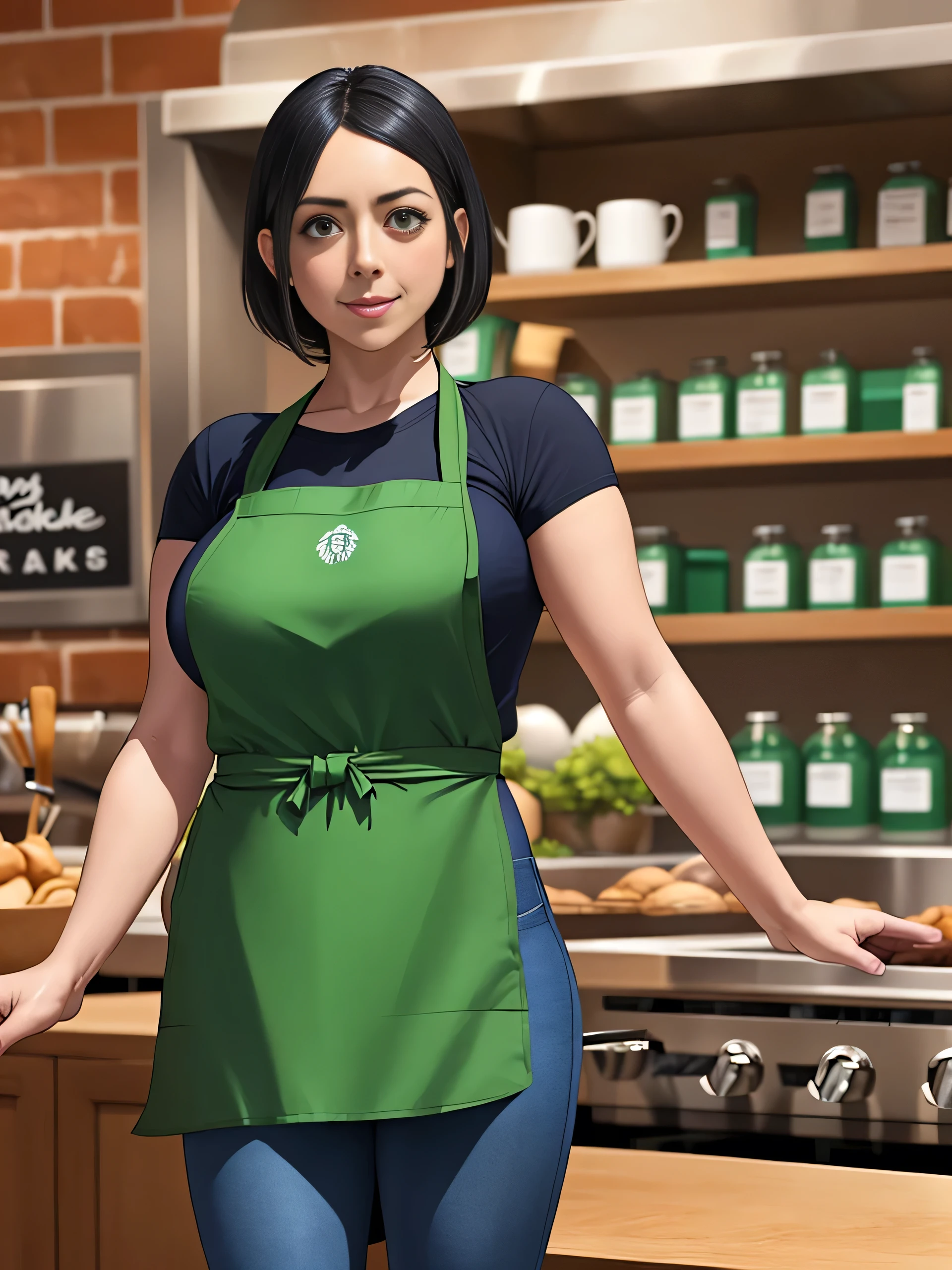 Aubrey Plaza, (Aubrey Plaza:1.5), masterpiece quality, (masterpiece quality:1.3), detailed, realistic, (realistic:1.3), 1girl, solo, (solo:1.9), alone, in a Starbucks coffee shop, coffee in background, wearing a Starbucks uniform, (Starbucks uniform:1.5), wearing a black t-shirt, (black t-shirt:1.5), wearing a green apron, (green apron:1.9), wearing blue jeans, (blue jeans:1.5), black hair, short hair, big breasts, (big breasts:1.2), thin body,