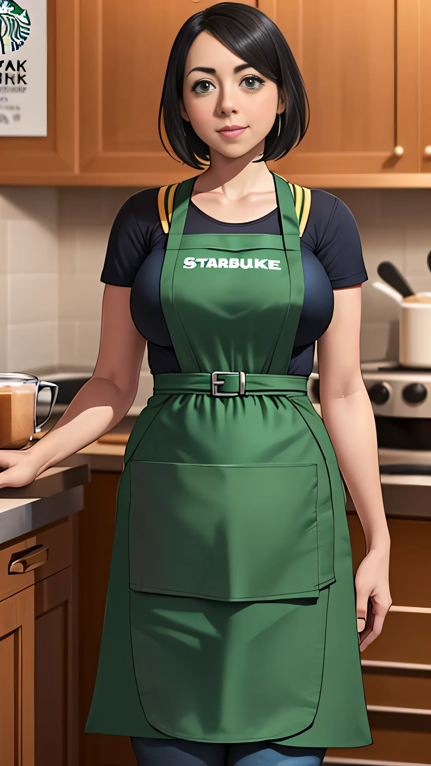 Aubrey Plaza, (Aubrey Plaza:1.5), masterpiece quality, (masterpiece quality:1.3), detailed, realistic, (realistic:1.3), 1girl, solo, (solo:1.9), alone, in a Starbucks coffee shop, coffee in background, wearing a Starbucks uniform, (Starbucks uniform:1.5), wearing a black t-shirt, (black t-shirt:1.5), wearing a green apron, (green apron:1.9), wearing blue jeans, (blue jeans:1.5), black hair, short hair, big breasts, (big breasts:1.2), thin body,