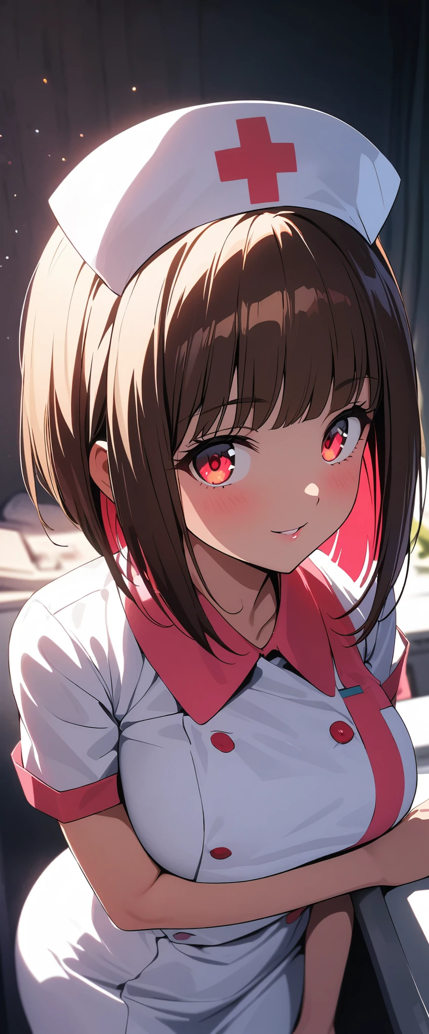 (beautiful girl: 1.3),One girl,masterpiece,Please redeem,Ultra-high resolution,Rich contrast,super high quality,8k,High-definition CG unit wallpaper,Texture,Very absurd,RAW Photos,Please redeem anime,Depth of written boundary 1.2,Very detailed eyes,Glowing Skin,Glitter Effect,Beautiful glossy lips,(Brown Hair,Sharp Bob),Nurse uniform,Nurse working in hospital,syringe,Great smile,white Nurse uniform,Large Breasts,Round ass,(Rear View:1.5)