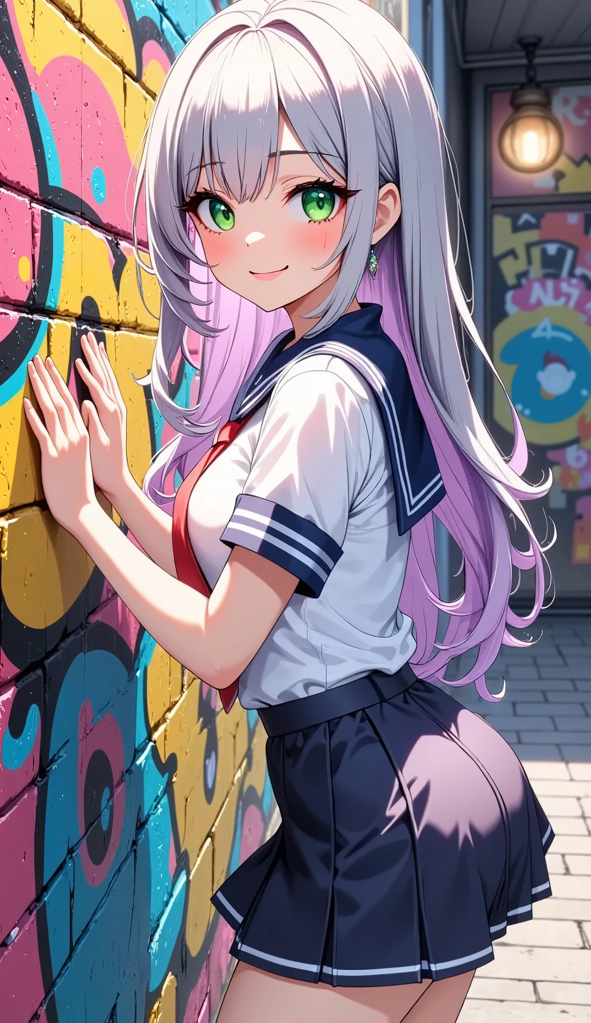 (Highest quality, 4K, High Contrast, masterpiece:1.2, Anime Style, Studio Anime, Illustration:1.2), ((One girl, Put your hands on the wall and turn your butt towards the viewer)), (1 girl), Carefully drawn face and eyes, Beautiful woman, Beautiful eyes, Fine eyelashes, Glossy lips, Rouge, Gal Makeup, (whole body:1.1), Mischievous smile, Random Pause, Cute action, ((Sailor suit, Pleated skirt), Silver Hair, Long Straight Hair, Purple gradient hair, Green Eyes), Typography wall background, Graffiti wall background, Professionalism, Bright colors, High resolution, The right perspective, (Soft focus throughout).