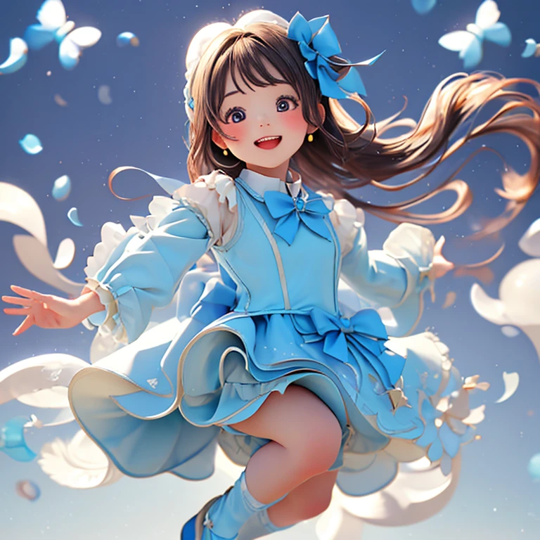 (masterpiece, Best Quality), my, Frills, Blue Dress, Short puffed sleeves, Blue ribbon, happy, Jump