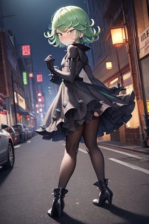 Masterpiece, best quality, ultra detailed, illustration, lighting epic, cinematic composition, 1 girl, Tatsumaki, short hair, green hair, very small breasts, green eyes, bright eyes, embarrassed face, pouting, blushing, closed mouth, piercing gaze, full body, Slim body, very tall, Metal spikes, Grey wristbands, Long black gloves with spikes, Lantern sleeves, Grey Gothic lolita dress, Grey dress with metal spikes, Metal emblem, Somewhat tight, Black belt, Metal legs, Black pantyhose, Black boots, Metal coming out of the road, City background, Anime, looking back