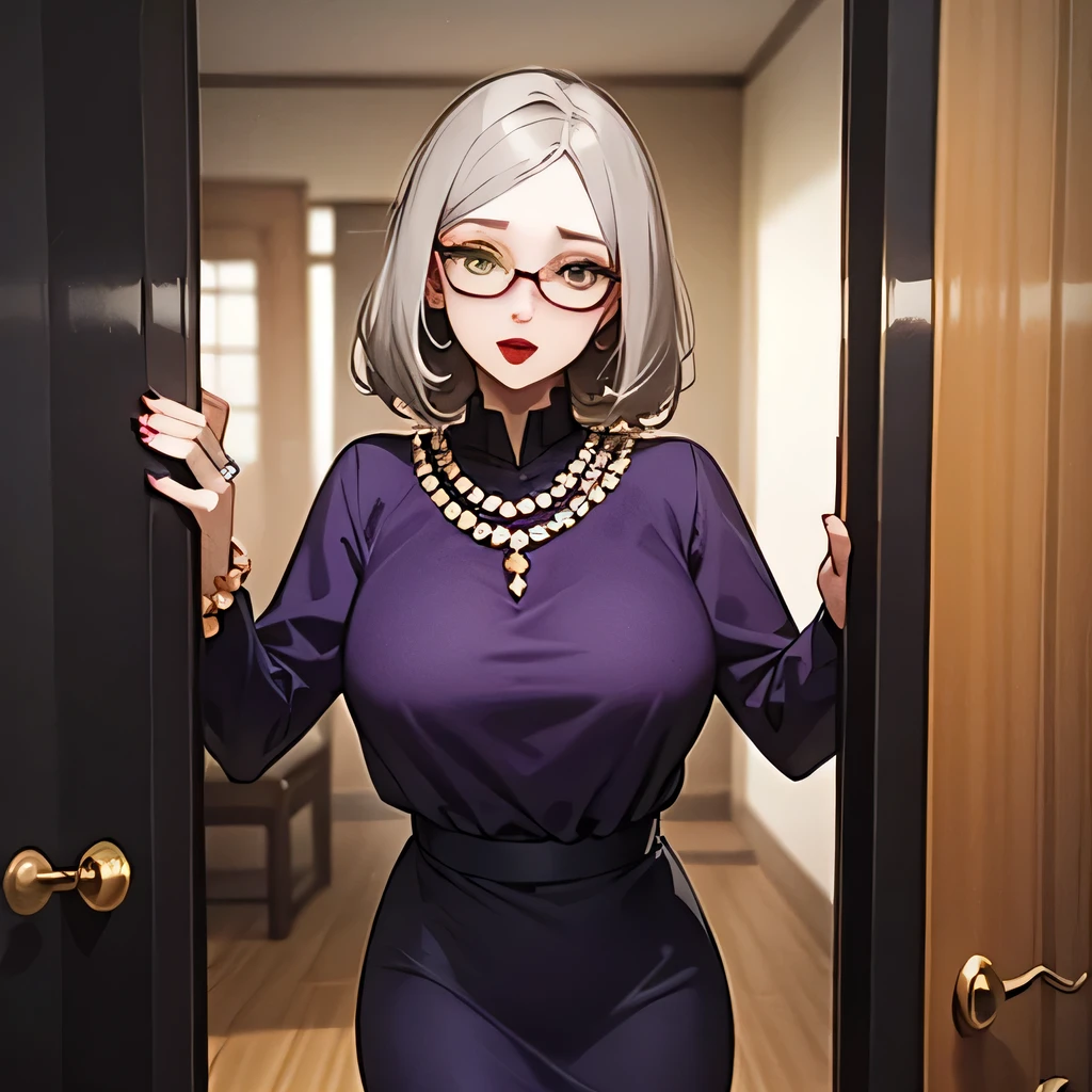 Grandma、Golden grey hair color、Yellow-green eyes、Beautiful purple outfit、Glasses、Scary face、Big Ring、Pearl Necklace、Red lipstick、pose open door、Blue mascara、Stern face、Entrance background