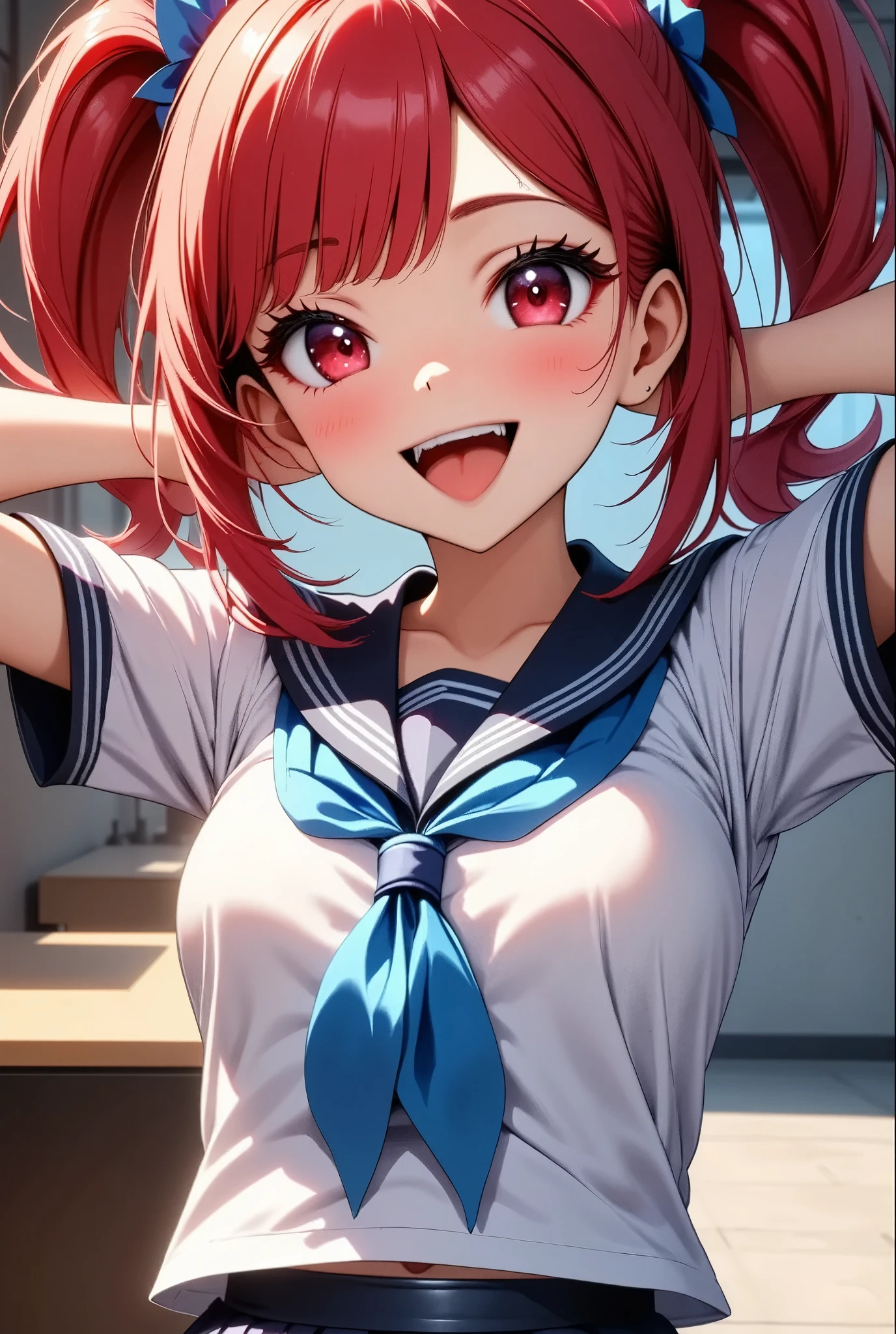 (Highest quality, 4K, High Contrast, masterpiece:1.2, Anime Style, Studio Anime,  Illustration:1.2, ray:1.2), ((One girl, Looking at the viewers with a cute pose)), Beautifully detailed eyes, Beautifully detailed lips, Highly detailed eyes and face, Long eyelashes, smile, Bright Red Hair, Pale red eyes, Twin tails:1.4, Bangs between the eyes, Eye Makeup, Moist lips, Cowboy Shot:1.4, Place your hands behind your head., Show your armpits, ((Sailor suit, Pleated skirt, ((School classroom:1.4)))).