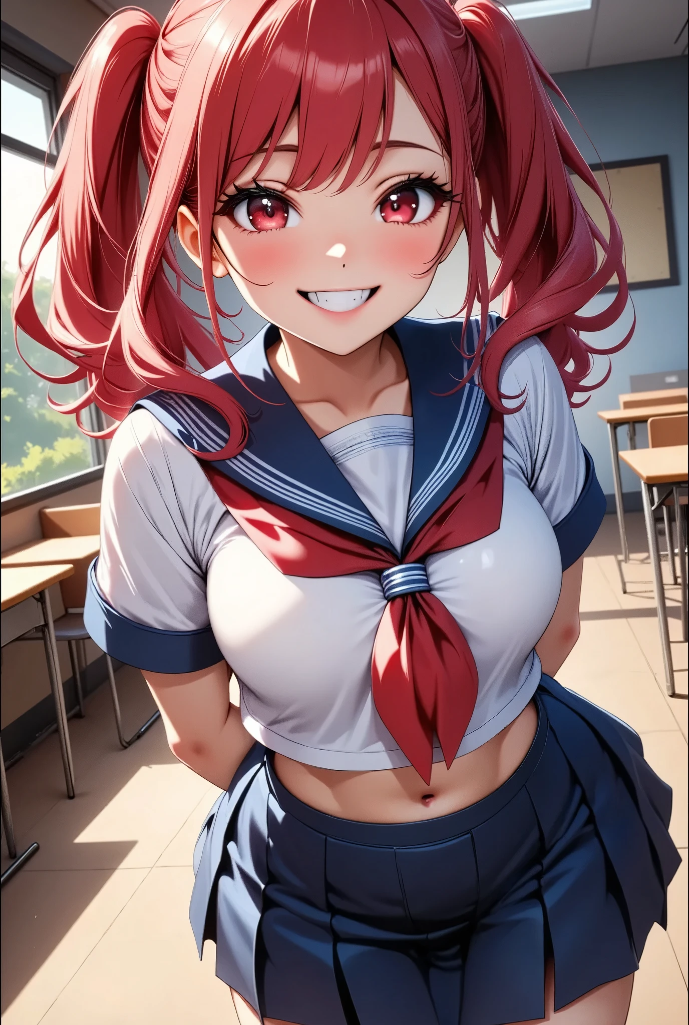 (Highest quality, 4K, High Contrast, masterpiece:1.2, Anime Style, Studio Anime,  Illustration:1.2, ray:1.2), ((One girl, Looking at the viewers with a cute pose)), Beautifully detailed eyes, Beautifully detailed lips, Highly detailed eyes and face, Long eyelashes, smile, Bright Red Hair, Pale red eyes, Twin tails:1.4, Bangs between the eyes, Eye Makeup, Moist lips, Cowboy Shot:1.4, Place your hands behind your head., Show your armpits, ((Sailor suit, Pleated skirt, ((School classroom:1.4)))).