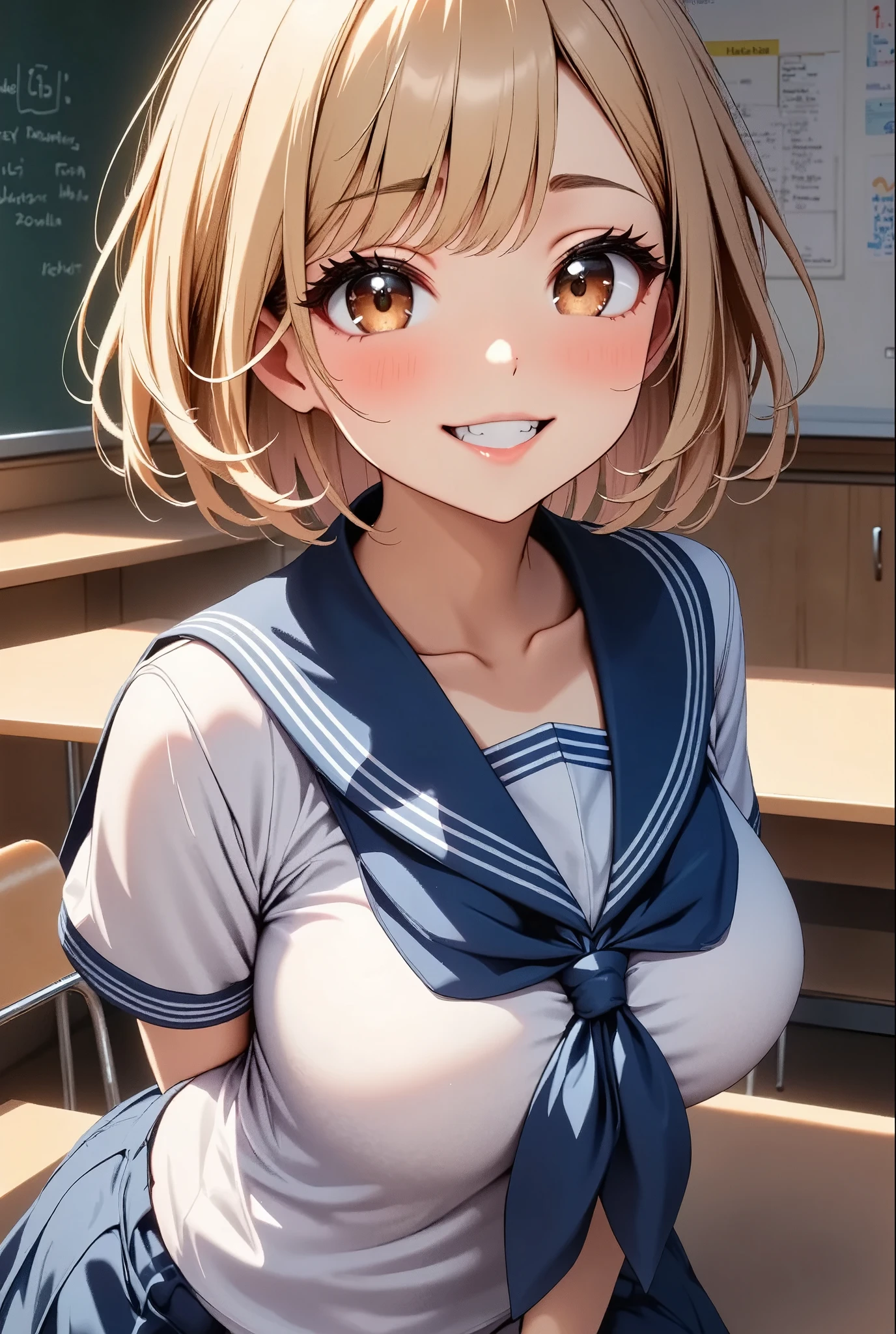 (Highest quality, 4K, High Contrast, masterpiece:1.2, Anime Style, Studio Anime,  Illustration:1.2, ray:1.2), ((One girl, Looking at the viewers with a cute pose, Brush your hair up)), Beautifully detailed eyes, Beautifully detailed lips, Highly detailed eyes and face, Long eyelashes, smile, Light blonde, Light brown eyes, Very Short Hair:1.4, Bangs between the eyes, Bangs that hide the eyes, Makeup, Moist lips, Cowboy Shot:1.4, ((Sailor suit, Pleated skirt, ((School classroom:1.4)))).