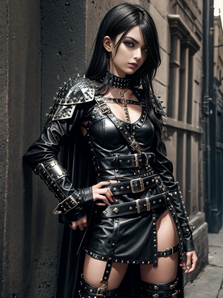 dark haired emo girl in knight armor, black studded belt, studded bracelet, boots with buckles, studded collar, leather harness, 