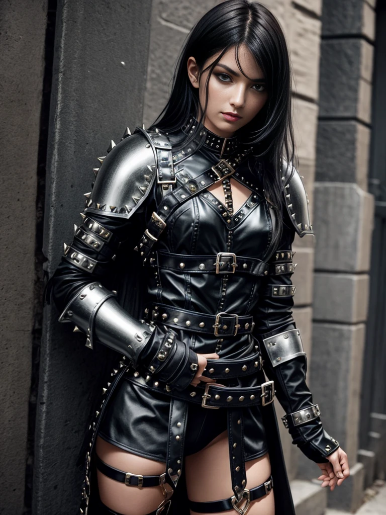 dark haired emo girl in knight armor, black studded belt, studded bracelet, boots with buckles, studded collar, leather harness, 