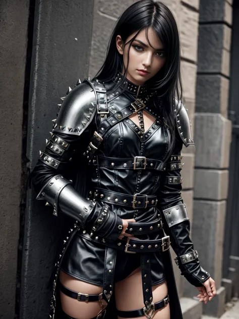 dark haired emo girl in knight armor, black studded belt, studded bracelet, boots with buckles, studded collar, leather harness,