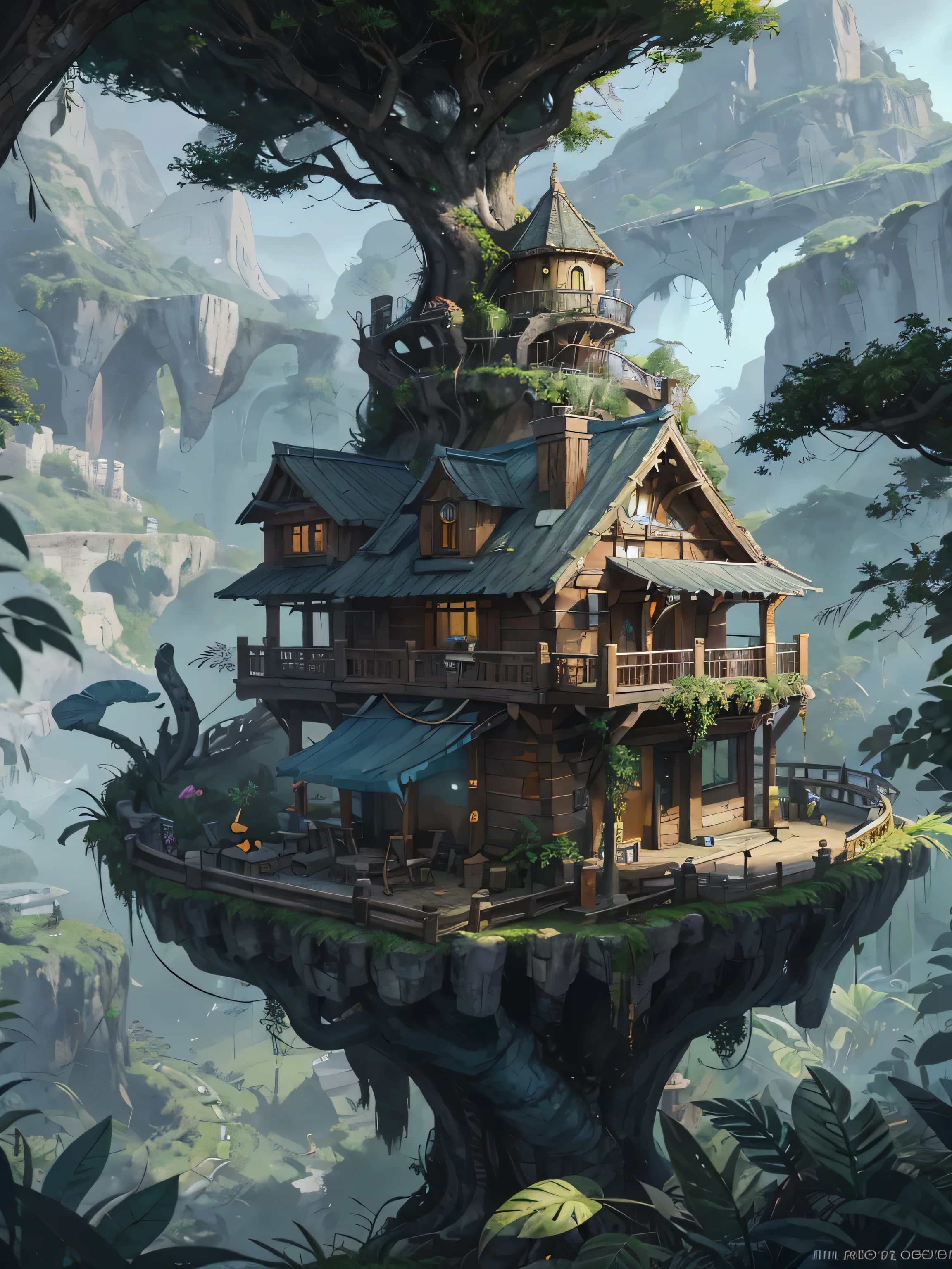 there is a small house on a hill with a bridge, house on a hill, house background, cartoon digital painting, background art, 2 d game environment design, digital cartoon painting art, 2 d game art background, cartoonish and simplistic, stylized digital illustration, painted as a game concept art, a digital painting, mountainside, 2 d illustration, grin face, young, (Masterpiece), ((Blue skin)), (best detail), digital art, (best qualtiy), Cinematic texture, ((Avatar style)), beautiful pupil, The background is jungle, the rainforest, big leafs