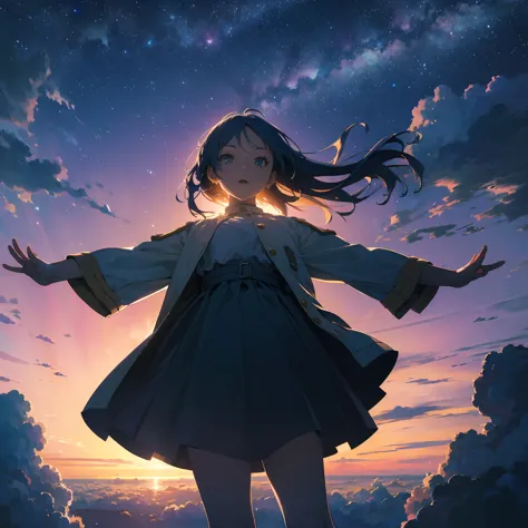 absurd, high resolution, (official art, beautifully、aesthetic:1.2), close view, raise your arms from below 1girl, bright sky, a ...