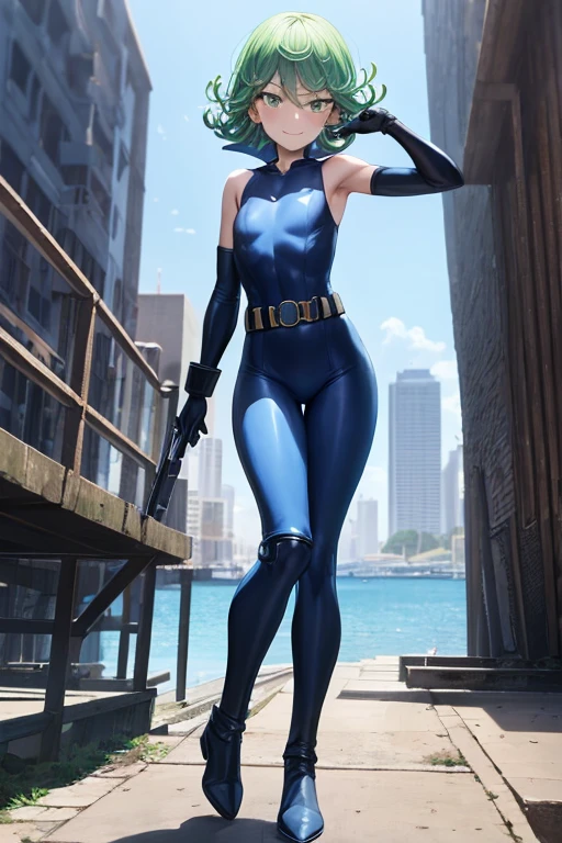 Masterpiece, best quality, ultra detailed, illustration, lighting epic, cinematic composition, 1 girl, Tatsumaki, short hair, green hair, very small breasts, green eyes, bright eyes, smiling, blushing, closed mouth, piercing gaze, full body, Black Collar, Tall, Thin, Shock Collar, Black Gloves, Black Chest Harness Belt, Light Blue Wrist Guards, Sleeveless, Light Blue Likeness Suit, Light Blue Suit With An Emblem, Orange Circular Emblem On Chest, Orange Emblem, Light Blue Pants, Gray Knee Pads, Metallic Light Blue Boots, Black Superhero Belt, City Background, Standing On A Pier By The Sea During Daytime, Anime