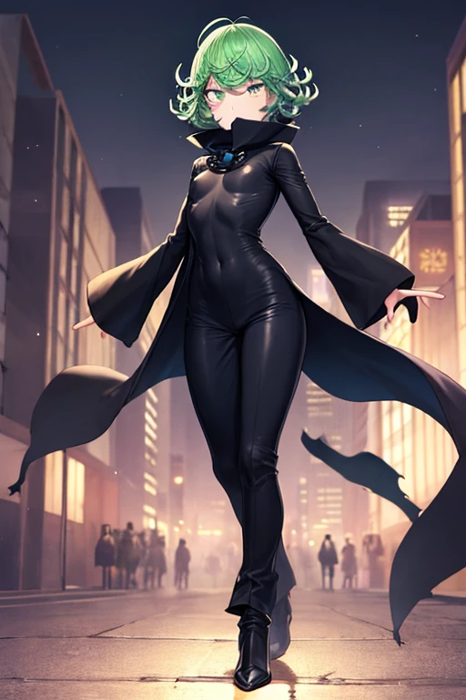 Masterpiece, best quality, ultra detailed, illustration, lighting epic, cinematic composition, 1 girl, Tatsumaki, short hair, green hair, very small breasts, green eyes, bright eyes, blushing, piercing gaze, full body, black scarf, bandage covering his mouth, 1 scratch on his right eye, pointy hood, torn black coat that covers everything, baggy sleeves, tall, thin, torn sleeves, white marks on his coat in a zig zag pattern, black fingers, black wristbands with white circles, black tentacles coming out of his coat, warlock, brooch with an eye symbol on his coat, black baggy pants, black boots, floating through the city, city background, night, anime