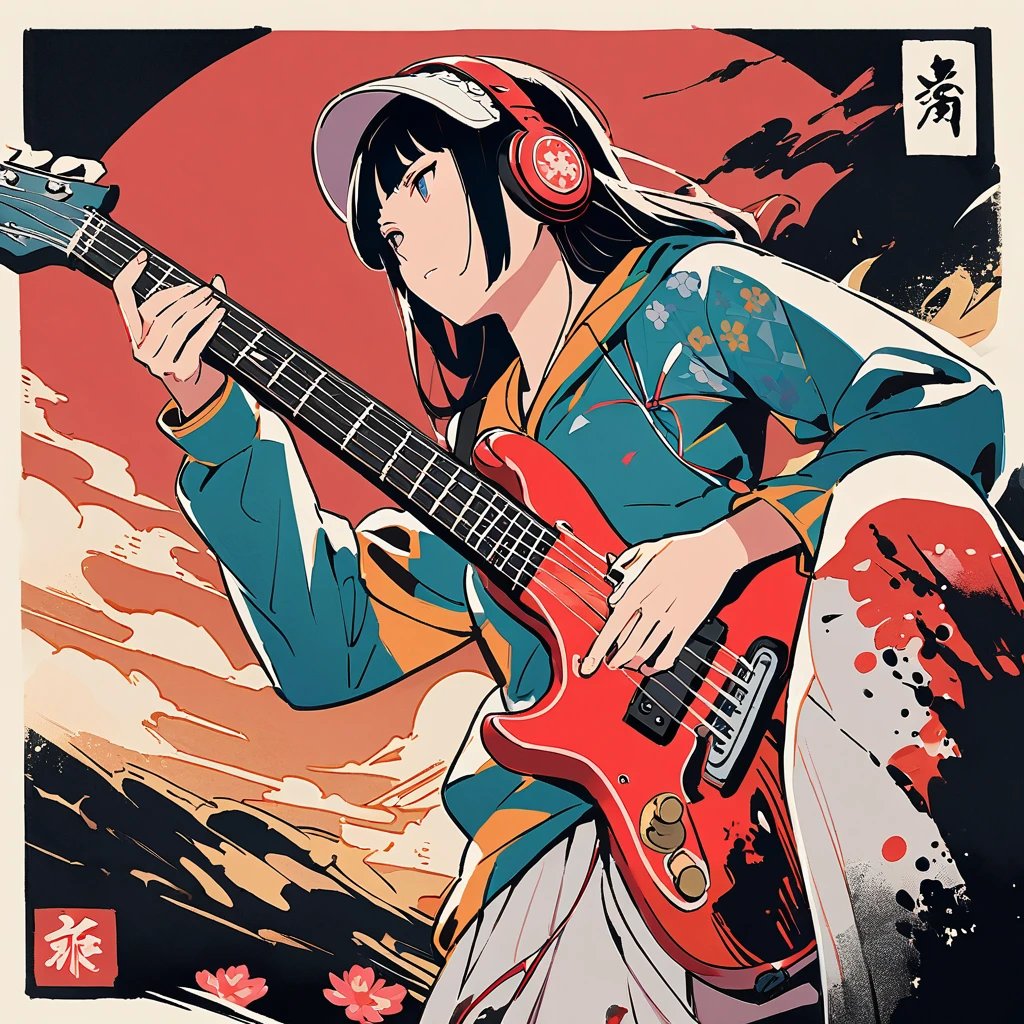 (((Ink Painting))), ((Standing in armor)), (((From below))), (((warrior))), (((Japanese style headphones))), (((Japanese pattern hoodie))), (((Put on the bonnet))), (((Electric guitar))), Japan人のwarrior, Black Hair, Delicate and precise, Modern Ukiyo-e Style,Japan, Japanese flag, Vibrant colors、male