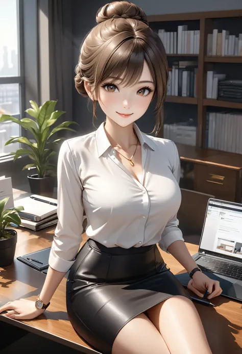 "a beautiful, elegant secretary sitting at her modern glass desk in a professional office environment. she has flawless, smooth ...