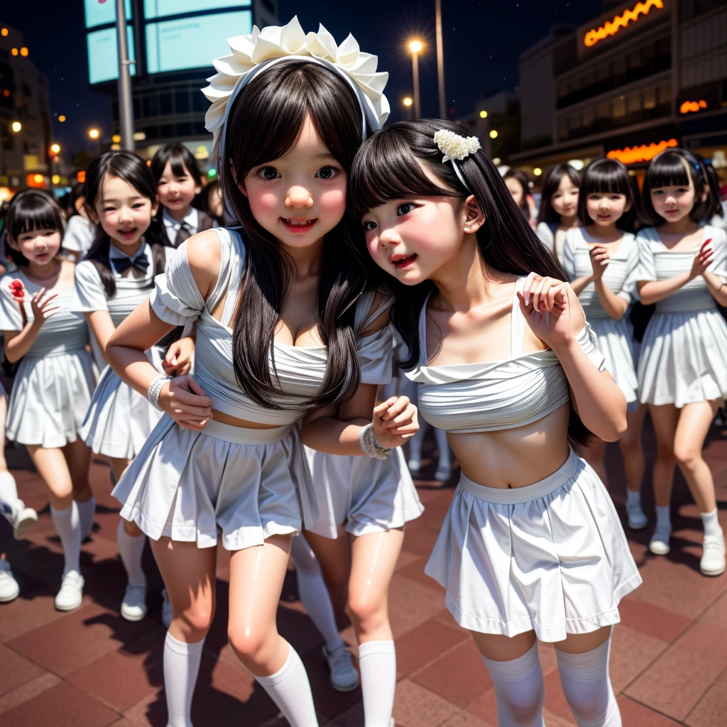 (((SFW, 12 KAWAII Girls in a row:1.2, Shibuya Hachiko-mae scramble crossing on Halloween:1.2))), ((8K TopQuality Masterpiece, photorealistic:1.37)), { (Standing Full Body:1.2)|(from below:1.2) }, { bandaged full body | Cut-off Sailor Uniform }, { bandaged head | bandaged limbs | (bleeding from pussy) }, {(bloody)|blood paste|(Blood-stained bandages)|(bloody inner thighs)}, ((Detailed KAWAII face, Detailed glistening ivory skin)), {Bustling street|Crossroads|(Passerby schoolgirls)| halloween| neon}, {(Childish:1.2|Gigantic Cleavage:1.37|Underboob:1.2)}, {Hair ornaments |shotgun|random hair colors}, {Floating hair|Strong wind| flying magic}, {(Kissing face to face)|:p|:d|laugh|sparkle|joyful|delighted|Drunk},extremely Detailed,