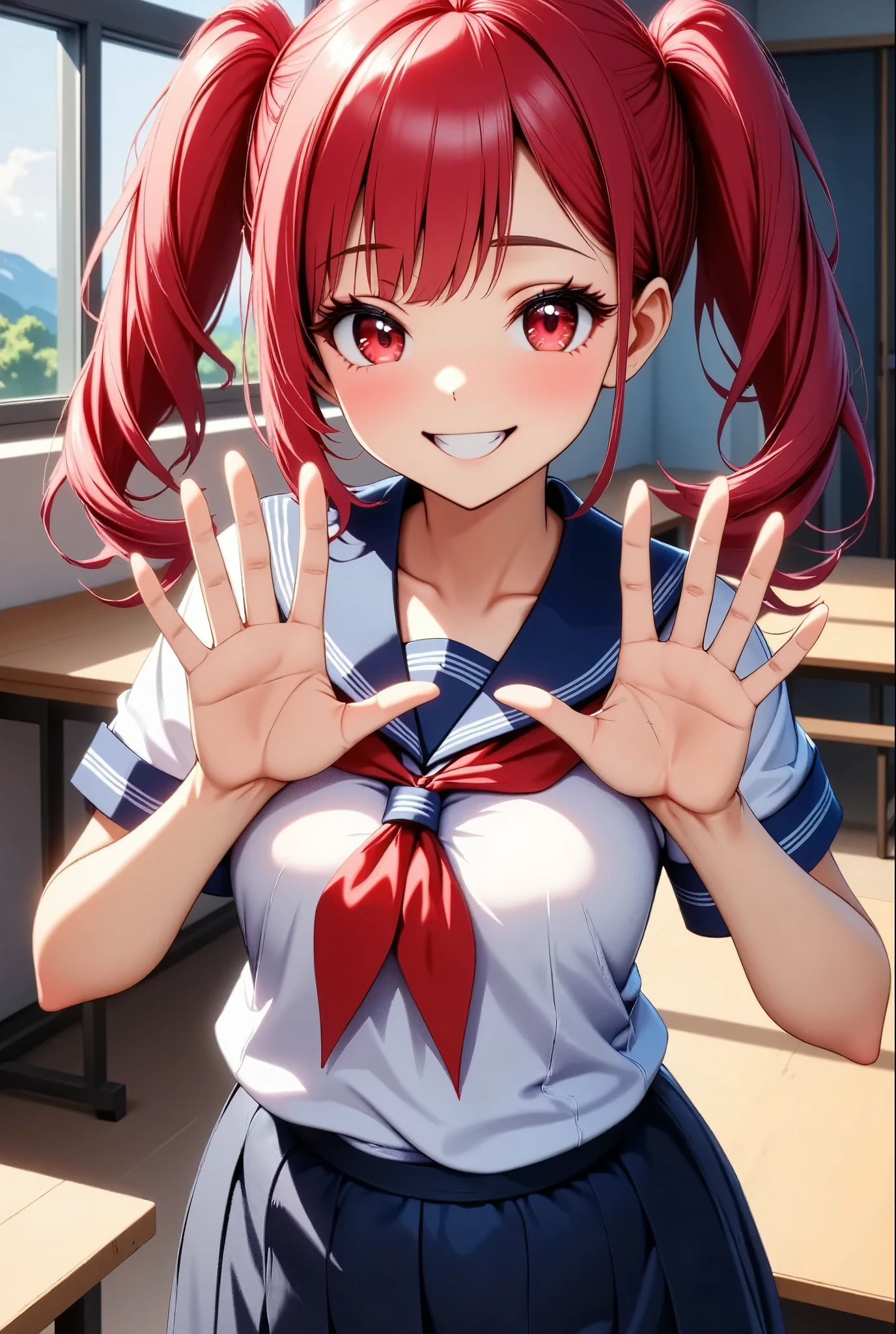 (Highest quality, 4K, High Contrast, masterpiece:1.2, Anime Style, Studio Anime,  Illustration:1.2, ray:1.2), ((One girl, Looking at the viewers with a cute pose)), Beautifully detailed eyes, Beautifully detailed lips, Highly detailed eyes and face, Long eyelashes, smile, Bright Red Hair, Pale red eyes, Twin tails:1.4, Bangs between the eyes, Eye Makeup, Moist lips, Cowboy Shot:1.4, V shape with both hands, V sign next to face, ((Sailor suit, Pleated skirt, ((School classroom:1.4)))).